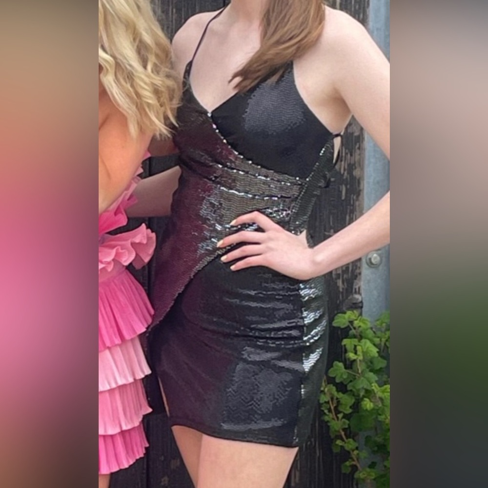 Garage sequin black/silver mini wrap dress.